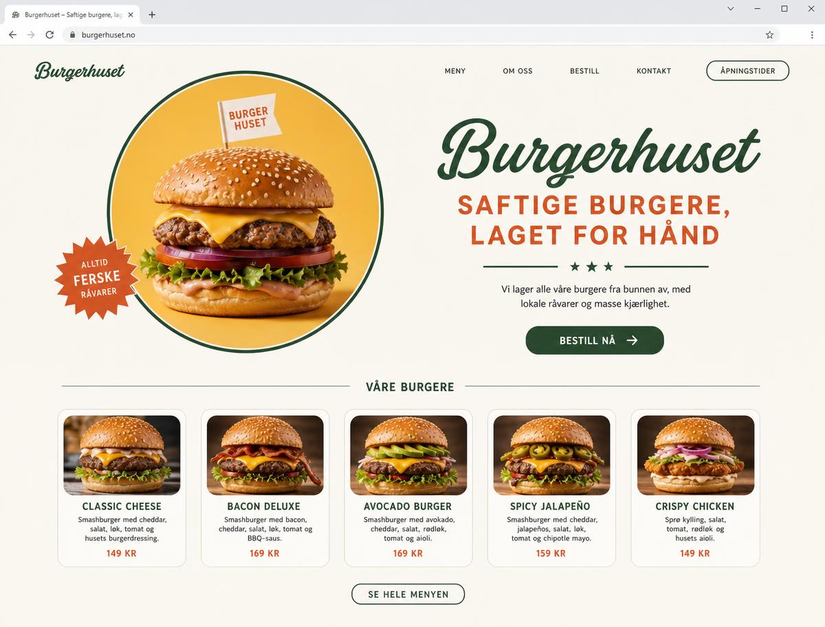 Eksempel på nettside for Burgerrestaurant