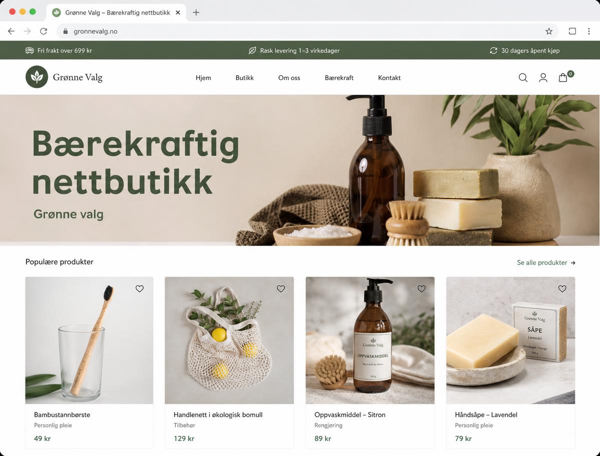Eksempel på nettside for Bærekraftig nettbutikk