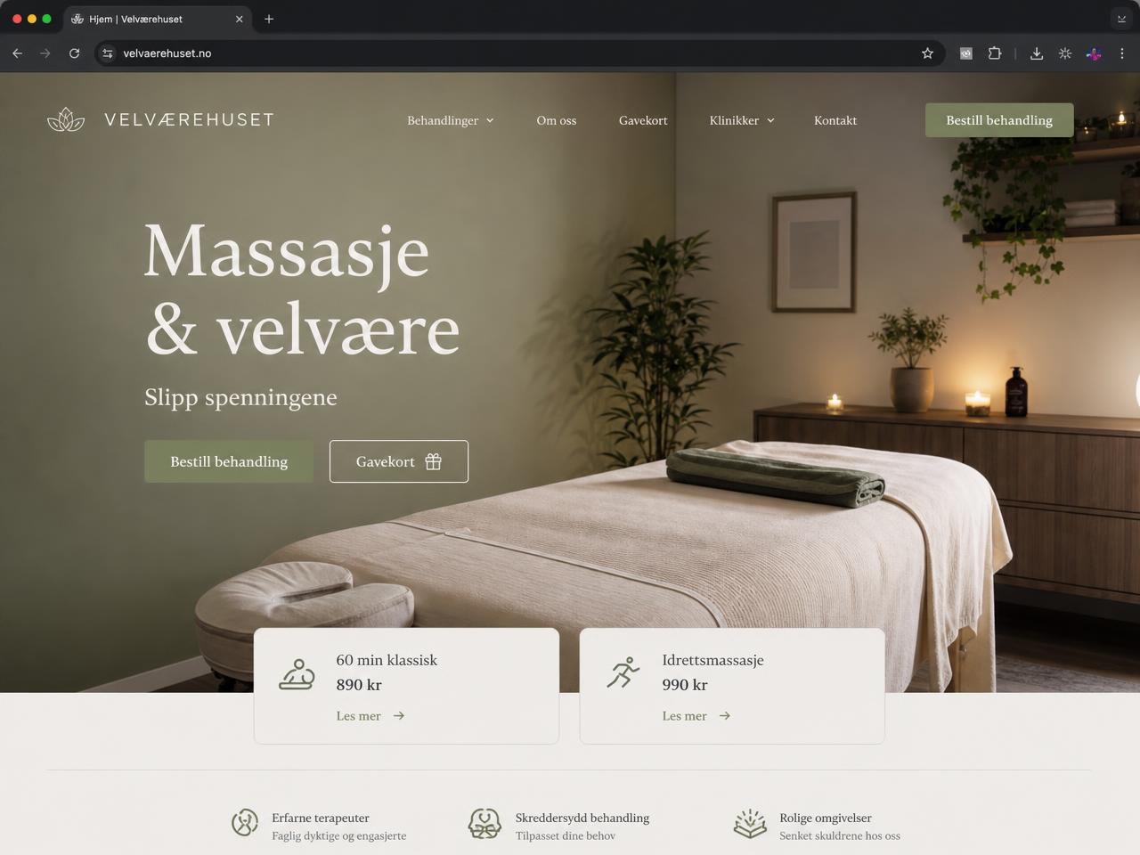 Eksempel på nettside for Massasje & velvære